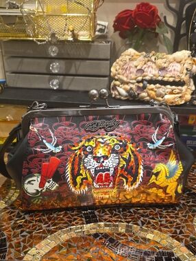 Ed Hardy Black Clutch with Red, Yellow & Orange Tiger Design